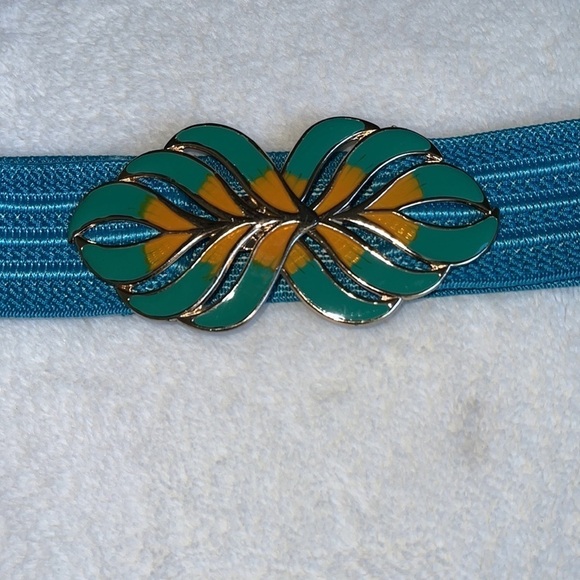 Vintage 80's Blue Stretch Belt with Enamel Floral Leaf buckle Metal - Picture 1 of 3